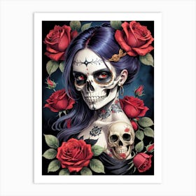 Sugar Skull Girl With Roses Painting (6) Art Print