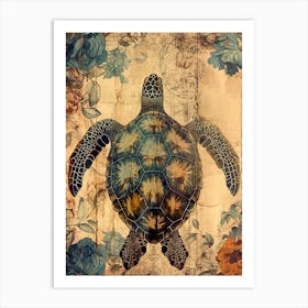 Textured Floral Sea Turtle Blue & Sepia 1 Art Print
