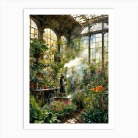 The Botanist ~ Witchy Art Print ~ Botany Witch in Grand Greenhouse Casting Spells With Plant Allies ~ Plant Witch, Green Witch Anime Japanese Inspired Cute Witch Pagan Cottagecore Witchcore Flowers Smoke Witchcraft Art Print