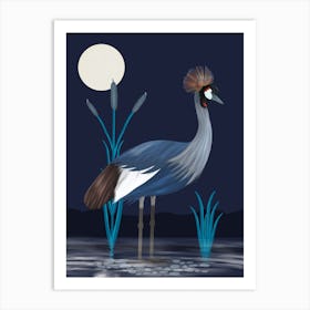 Japanese Crested Crane In The Moonlight Art Print