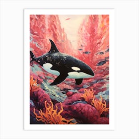 Orca Whale Pink Coral And Fish Art Print