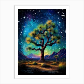 Joshua Tree With Starry Sky With Rain Drops Falling In Gold And Black (1) Art Print