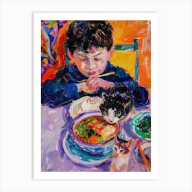 Portrait Of A Boy With Cats Having Ramen 1 Art Print