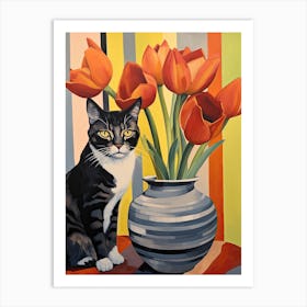 Amaryllis Flower Vase And A Cat, A Painting In The Style Of Matisse 2 Art Print