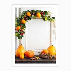 A Captivating Autumnal Scene Showcasing Ripe Oranges And Vibrant Pumpkins Resting On A Rustic Table (4) Art Print