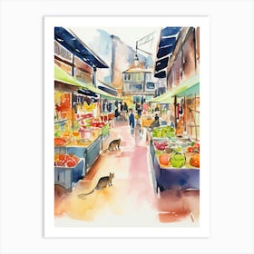 Food Market With Cats In Berlin 3 Watercolour Art Print