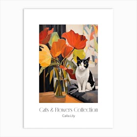 Cats & Flowers Collection Calla Lily Flower Vase And A Cat, A Painting In The Style Of Matisse 2 Art Print