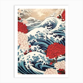 Great Wave With Chrysanthemum Flower Drawing In The Style Of Ukiyo E 4 Art Print