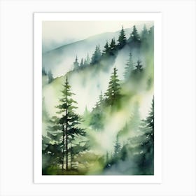 Appalachian Mountains of Misty Pines Watercolor Print of Evergreen Forest..131 Art Print