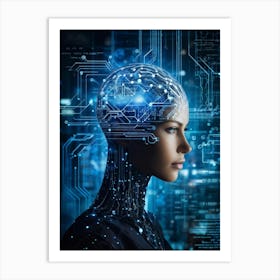 Abstract Painting Of A Cybernetic Human Head Integrating Seamlessly With A Futuristic Security Conce (5) Art Print