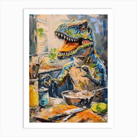 Dinosaur Cooking In The Kitchen Blue Brushstrokes 4 Art Print