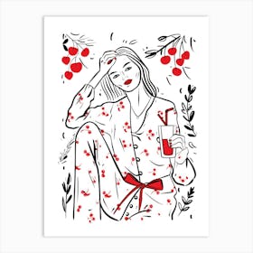 Woman Portrait With Cherries 2 Pattern Art Print