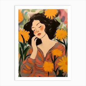 Woman With Autumnal Flowers Marigold 1 Art Print