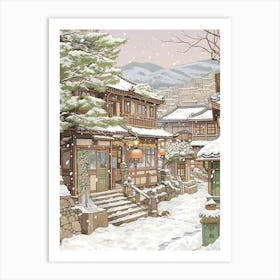Vintage Winter Illustration Kyoto Japan 3 Art Print