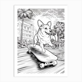 Corgi Dog Skateboarding Line Art 4 Art Print