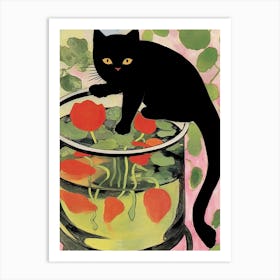 A Black Cat And Goldfish In A Bowl Illustration Matisse Style Art Print