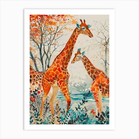 Giraffe & Calf In The Leaves Orange Tones Art Print