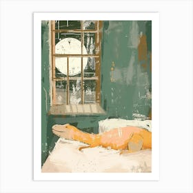 Muted Pastel Mustard Teal Dinosaur In Bed Art Print