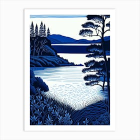 Crystal Clear Blue Lake Landscapes Waterscape Linocut 1 Art Print