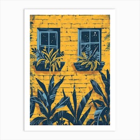 Yellow Brick Wall With Windows And Plants Art Print