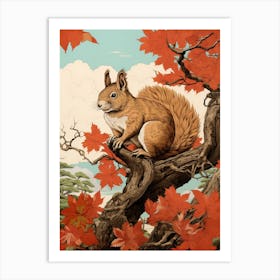 Squirrel Animal Drawing In The Style Of Ukiyo E 3 Art Print