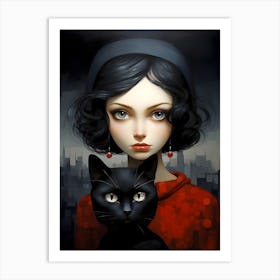 The Girl With The Black Cat Art Print