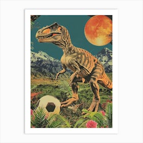 Dinosaur Playing Football Abstract Retro Collage 3 Art Print