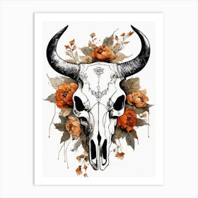 Vintage Boho Bull Skull Flowers Painting (20) Art Print