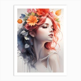 Girl With Flowers In Her Hair Art Print