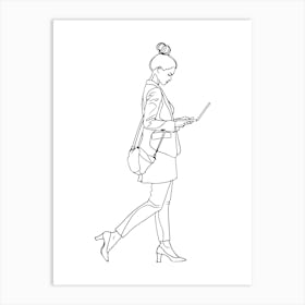 Business Woman Walking With A Laptop Minimalist One Line Illustration Art Print