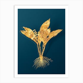 Vintage Lily of the Valley Botanical in Gold on Teal Blue n.0177 Art Print