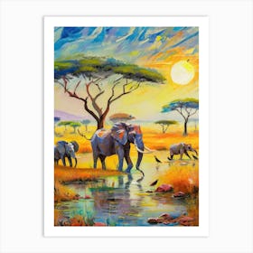 Elephants At The Waterhole Art Print