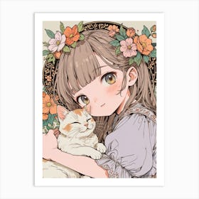 Anime Girl Hugging Cat Art Print