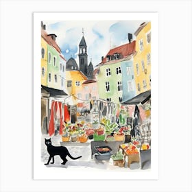 Food Market With Cats In Stockholm 1 Watercolour Art Print