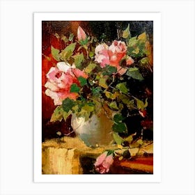 Antique Art - Vase of Pink Roses | Oil on Panel Art Print