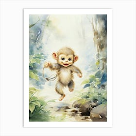 Monkey Painting Running Watercolour 2 Art Print