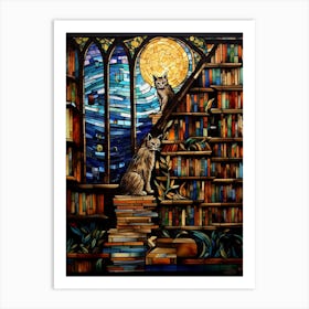 Stained Glass Mosaic Of Cats In A Library Art Print