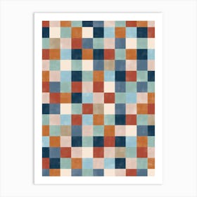 Checkered Pattern in Terracotta and Blue Art Print