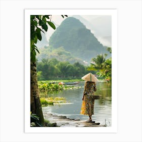 Woman Walks Along A River Art Print