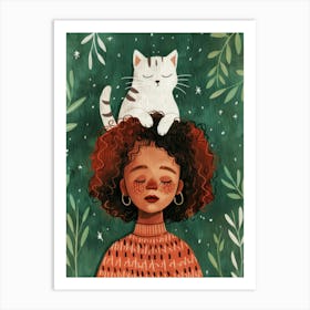 Girl With Cat On Her Head Art Print