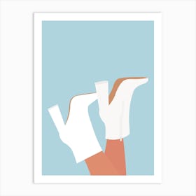 White Fashion Boots on Blue Background Art Print