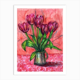 Pink On Red Tulips Art Print