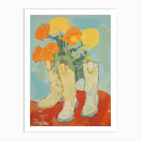 Painting Of Orange Flowers And Cowboy Boots, Oil Style 8 Art Print