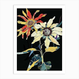 Neon Flowers On Black Sunflower 1 Art Print