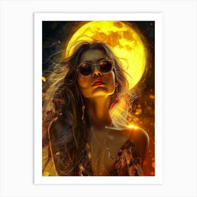 Woman In Sunglasses And A Full Moon Art Print