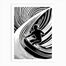 Linocut Black And White Surfer On A Wave art, surfing art, 253 Art Print