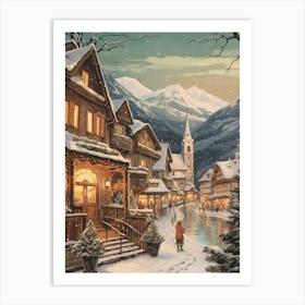 Vintage Winter Illustration Hallstatt Austria 3 Art Print