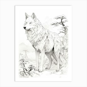 Japanese Wolf Line Drawing 3 Art Print