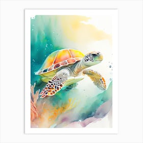 A Single Sea Turtle In Coral Reef, Sea Turtle Storybook Watercolours 1 Art Print