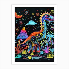 Neon Dinosaur Volcanic Landscape 2 Affiche